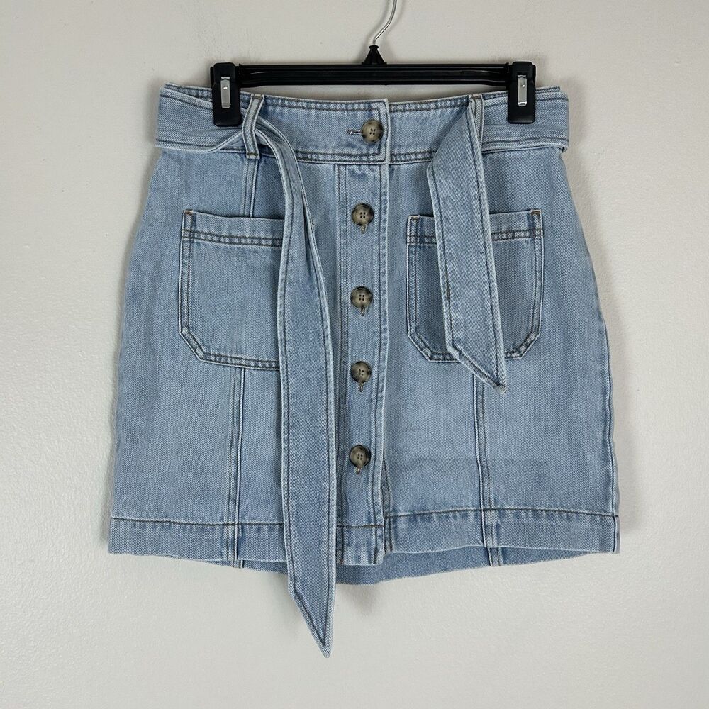 Marea By Liz Joy Small Skirt Blue Denim Mini Jean Tie Waist Pocket Button